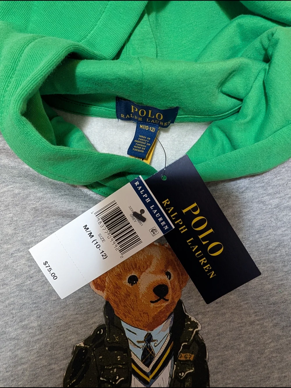 Polo Ralph Lauren Boy's Hoodie - Grey Body with Pink & Blue Sleeves, Green Hood